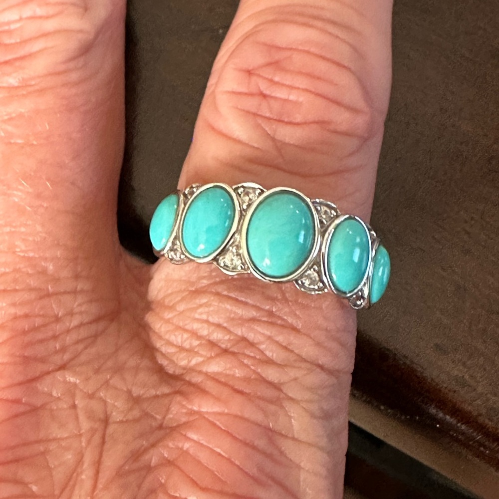 Sterling Silver Turquoise Ring With Small CZ Stones. Size 9